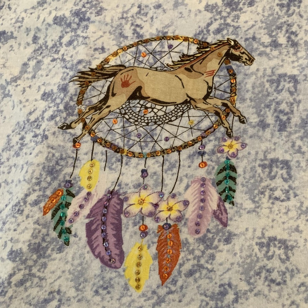 Vintage Collections Etc T Shirt Womens Medium Blue Horse Dreamcatcher Rhinestone